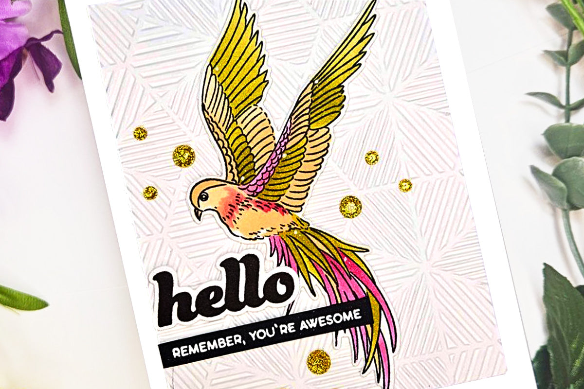 Easy handmade greeting card idea with 3D embossed background and a colorful bird die-cut, made with Altenew's Build-A-Garden Exotic Tuberoses Set