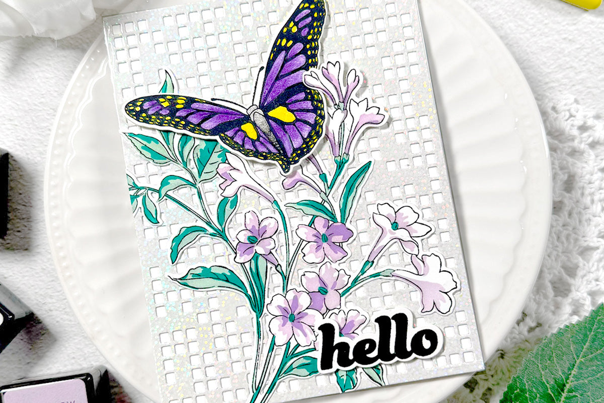 DIY greeting card with purple tuberoses and purple butterfly and a pixel grid background