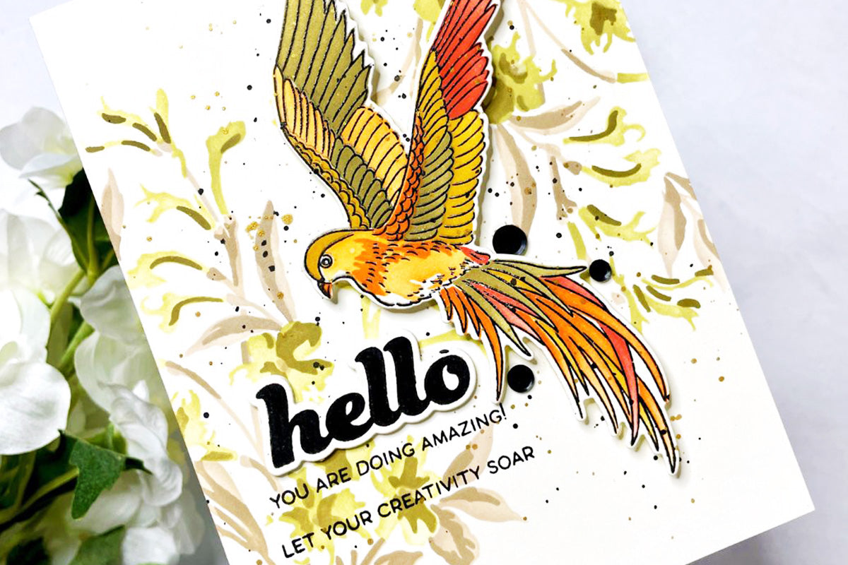 DIY greeting card with stenciled background and a bird image, made with Altenew Build-A-Garden cardmaking set