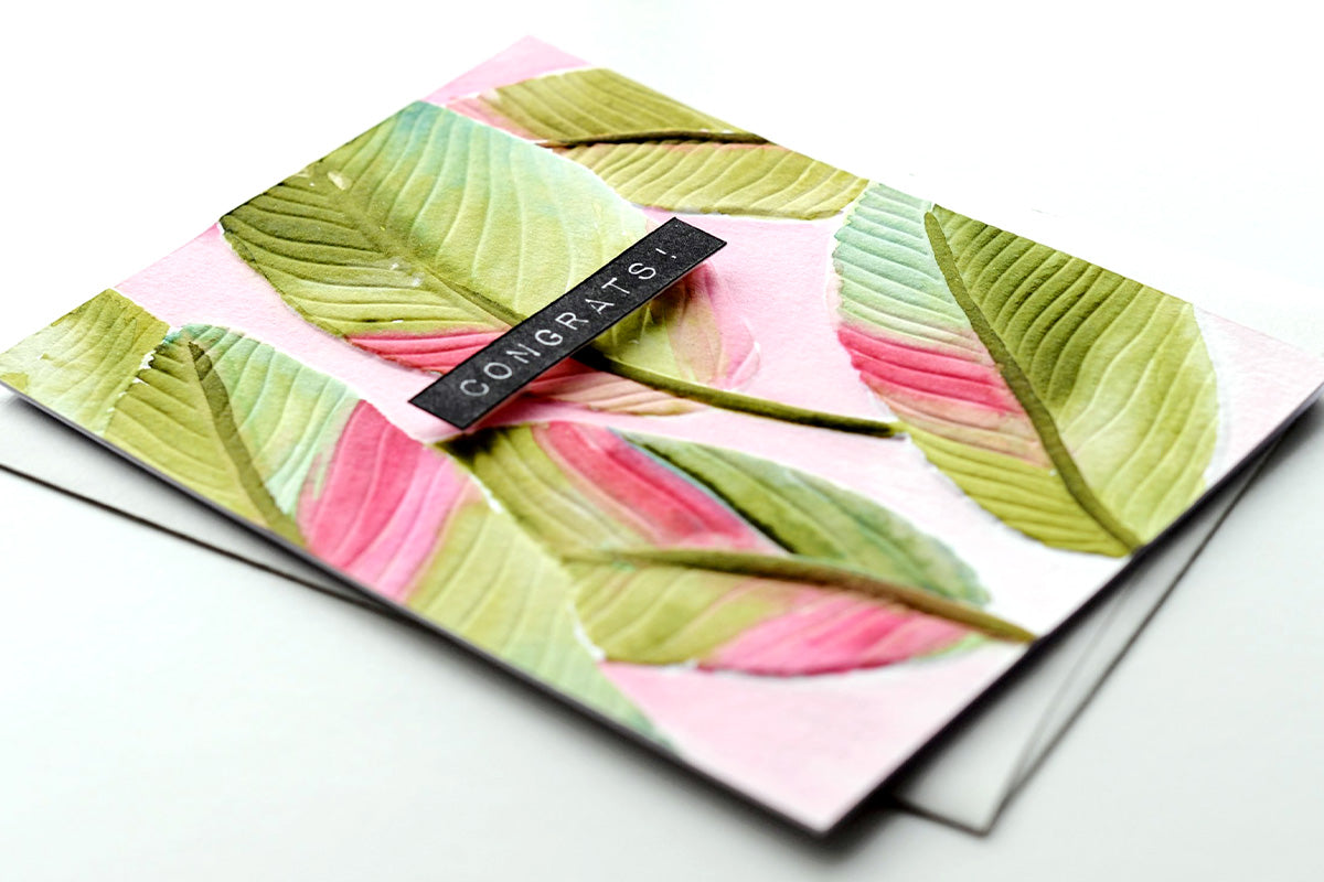 DIY congrats card with 3D embossed banana leaves, watercolored with Altenew watercolors
