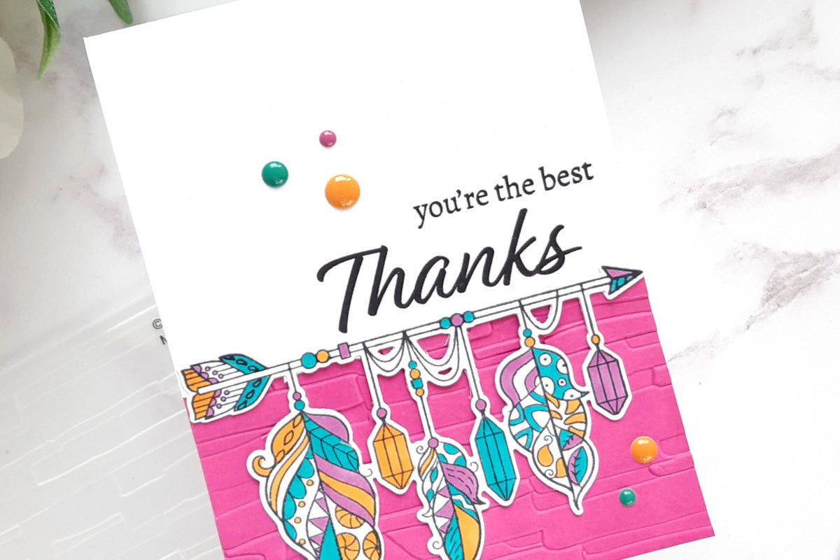 Boho style handmade thank you card with a pink 3D embossed background and boho arrows