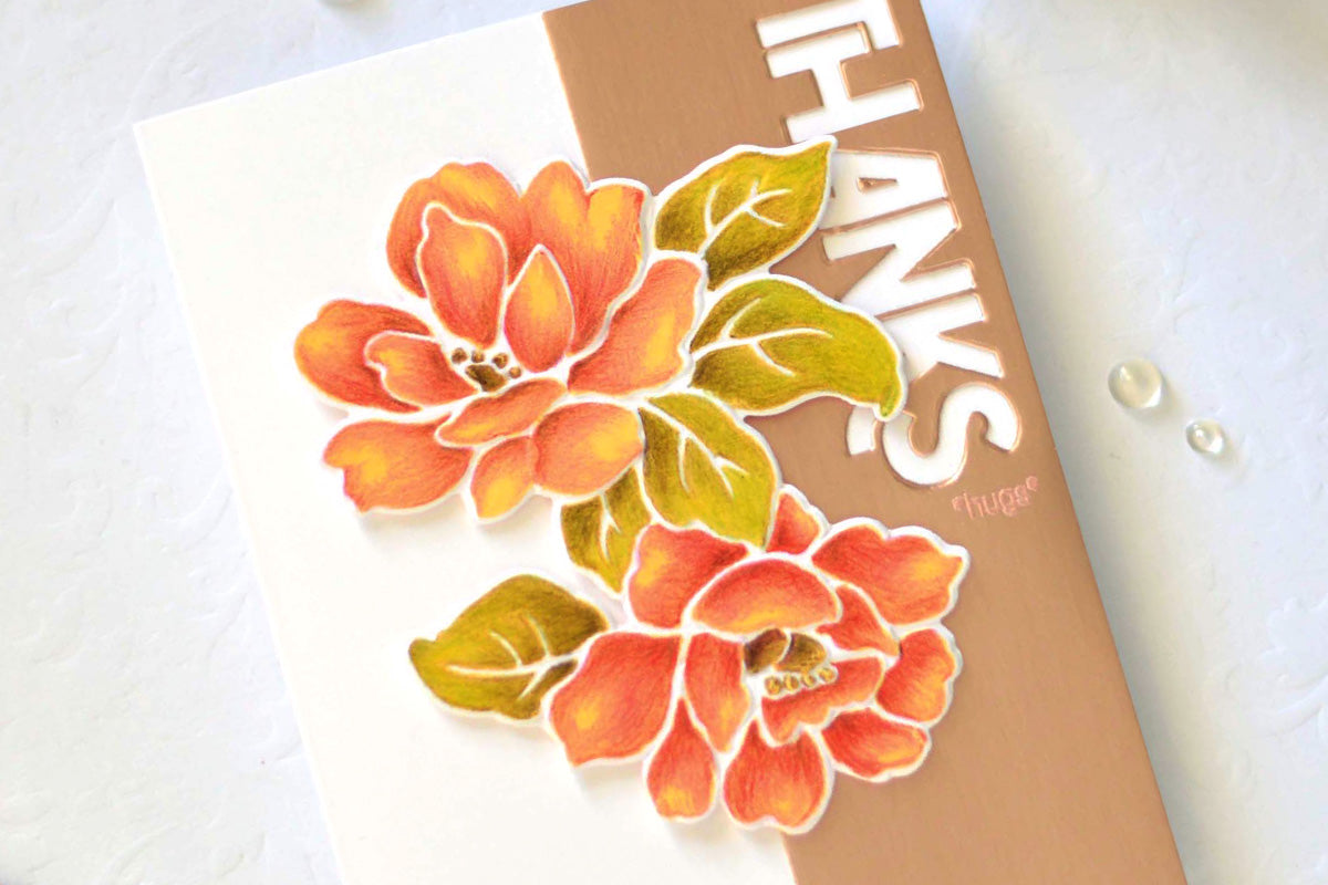 Easy handmade thank you card idea with 3D embossed flowers colored in with coloring pencils