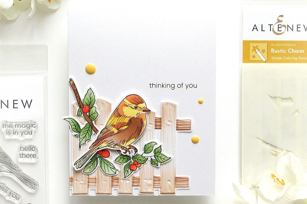 Clean and simple rustic style handmade greeting card idea with a bird on a wooden fence