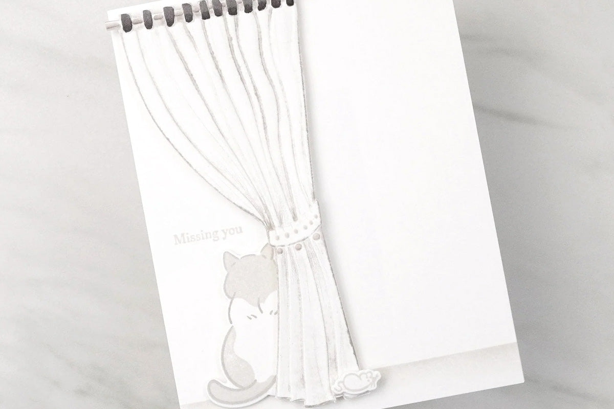 Cute "miss you" card idea with a cat standing by 3D embossed folded drapes, made with Altenew 3D embossing folder