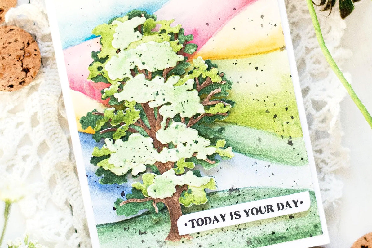 Colorful DIY greeting card with 3D embossed hills and 3D chestnut tree