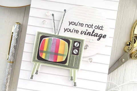 Cute and punny DIY birthday card with an old TV and the greeting "you're not old, you're vintage"
