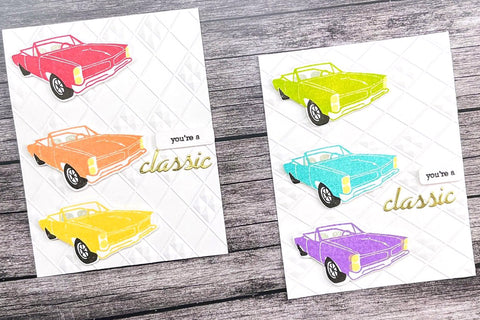 2 handmade Father's Day 2024 cards with different colored convertible cars and the sentiment "you're a classic"