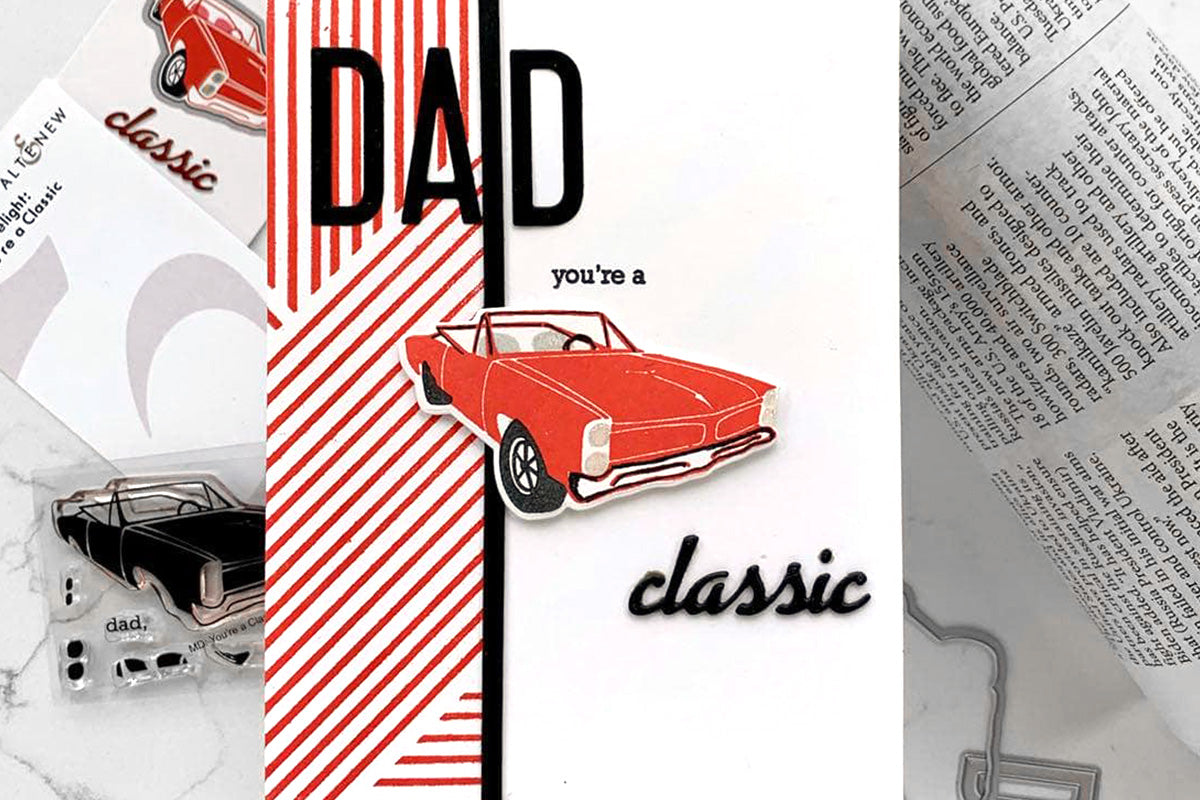 DIY handmade card idea for Father's Day 2024 with a red convertible car and simple geometric background design