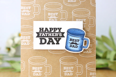 Handmade Happy Father's Day card idea with coffee mug designs stamped all over the background.