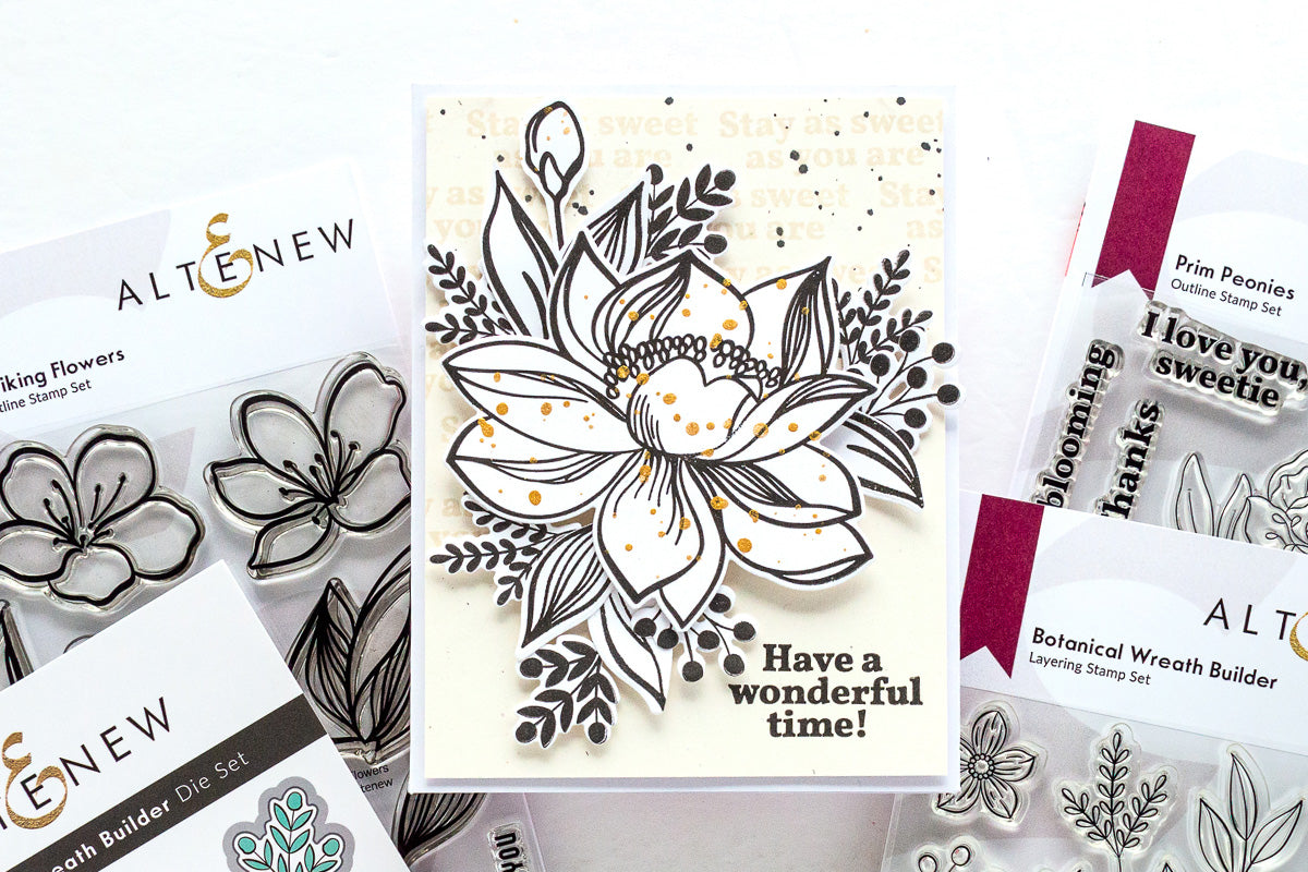 Monochromatic handmade greeting card with black and white florals and foliage