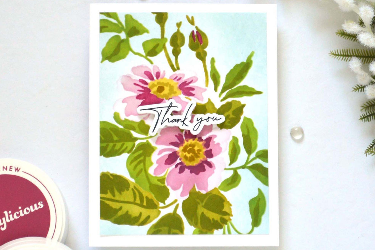 CAS thank you card made with Stencil Art Playful Watercolor Flowers Set from Altenew
