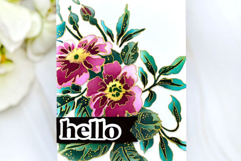 Quick and easy handmade greeting card with a huge stenciled floral image and the sentiment "hello"