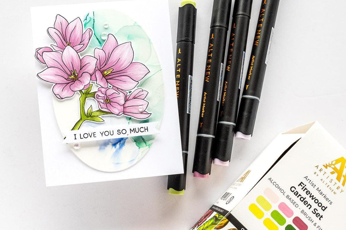 An "I love you so much" card with a floral focal point created with Altenew's Firewood Garden Artist Alcohol Markers