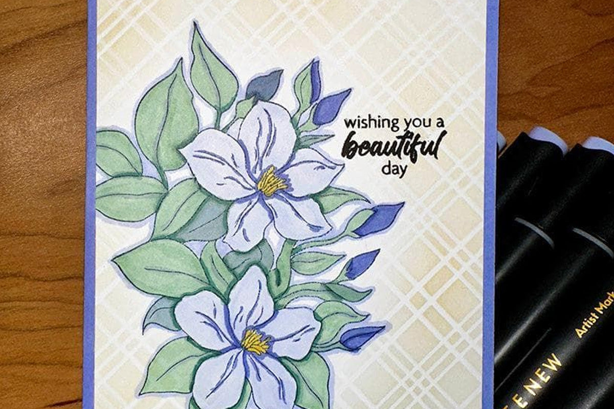 A "wishing you a beautiful day" card with a floral focal point created with Altenew's Artist Alcohol Markers