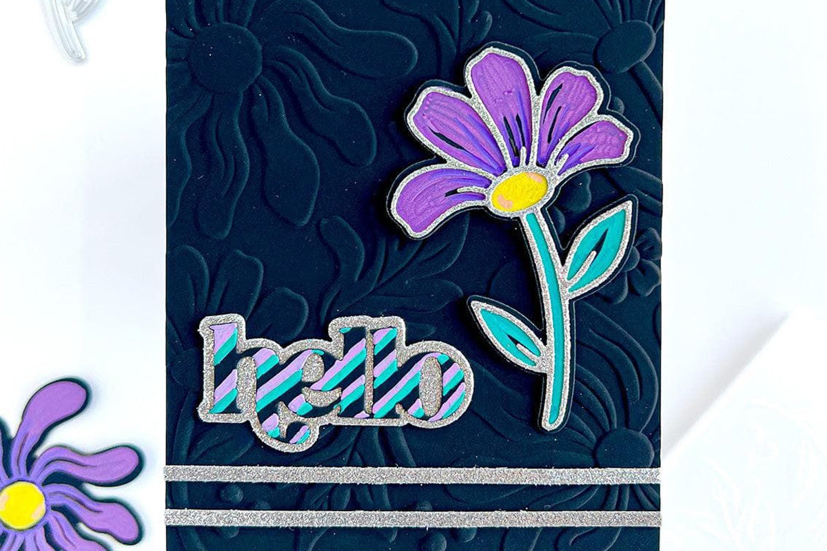 A greeting card with a blue 3D embossed cardstock  background and a floral focal point created with Altenew's Acrylic Markers Vol.1 set