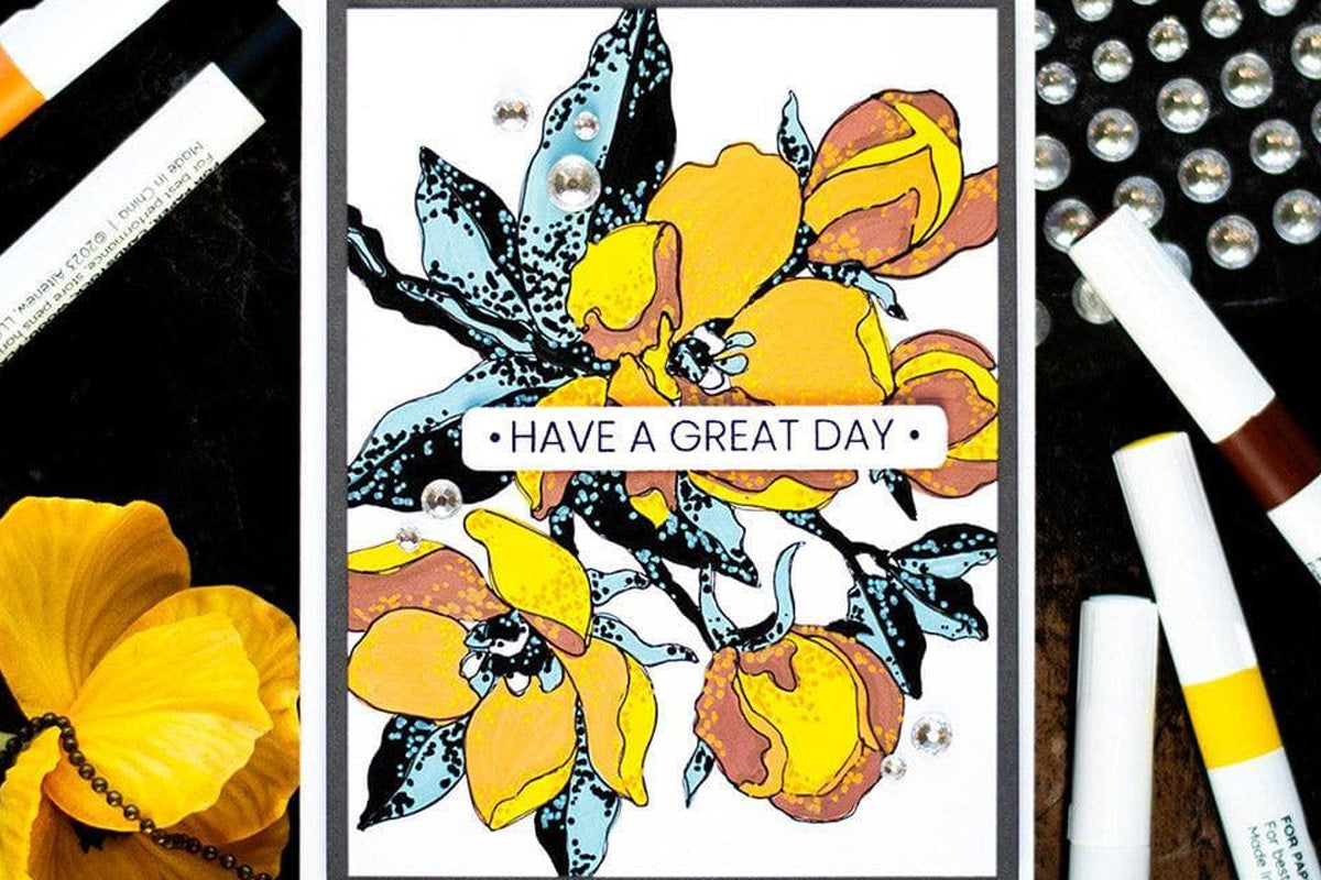 A "have a great day" card with yellow flowers as background created with Altenew's Acrylic Markers Vol.1 set