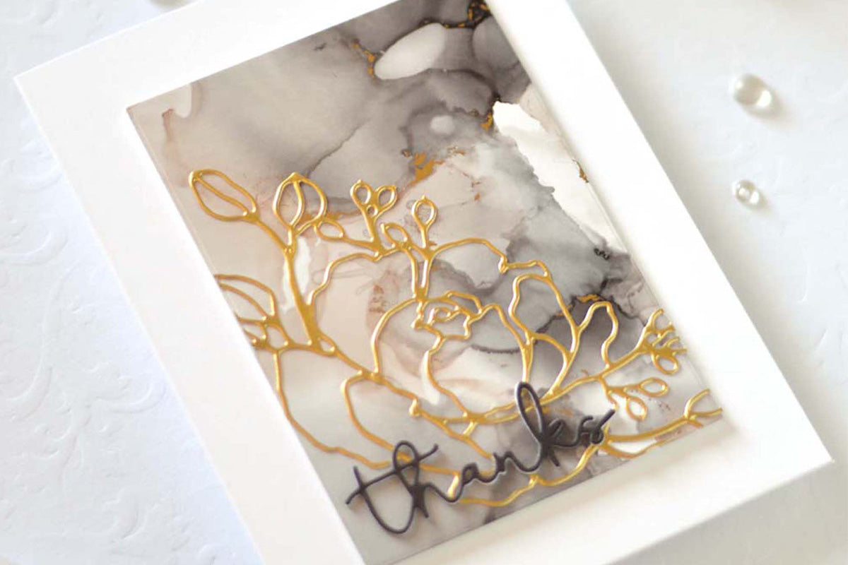 Elegant thank you card with marbled background and gold floral die-cut, made with Altenew alcohol inks and alcohol ink technique