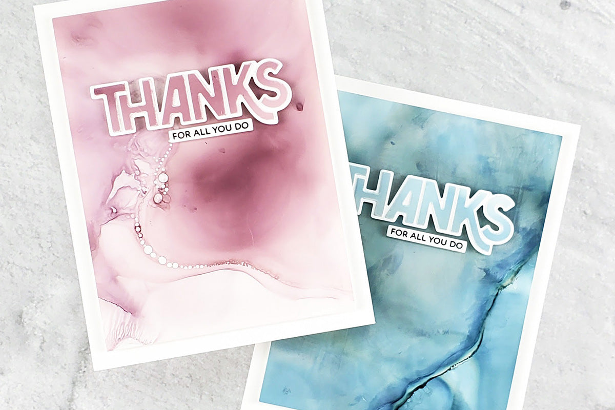 His and her thank you cards with alcohol ink marble background, made using alcohol inks from Altenew