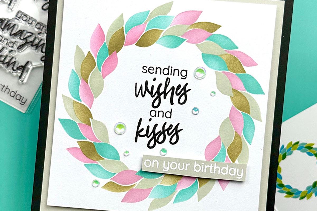 Cute and simple birthday card with a colorful leaf wreath and sweet sentiments