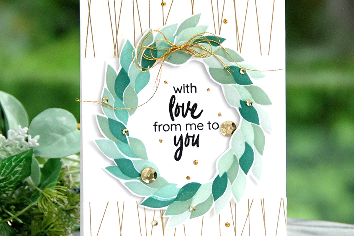 Valentine's Day card idea featuring Altenew leafy wreath stamp and die and washi tape