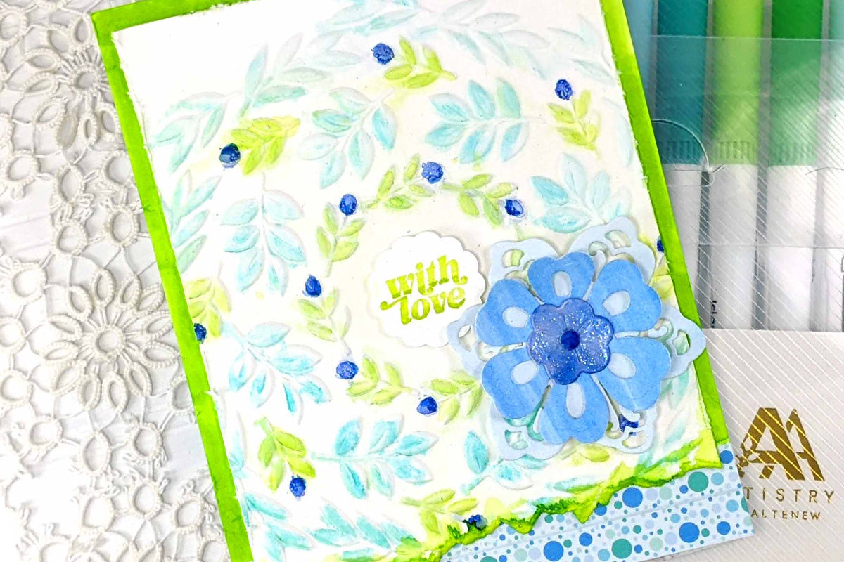 Blue and green handmade card idea with a 3D embossed wreath design