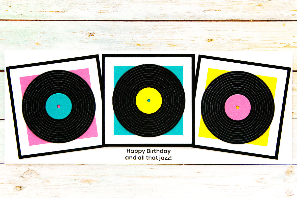 Slimline birthday card featuring colorful vinyl records