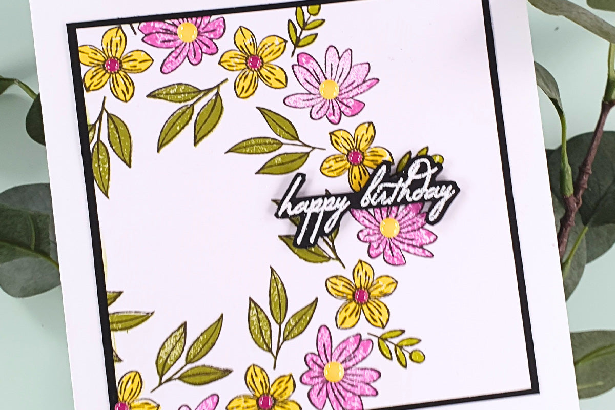 Floral wreath on a handmade birthday card, made with Altenew wreath building products