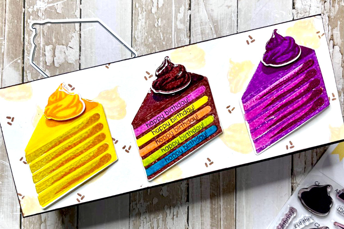 Slimline birthday card idea featuring 3 colorful and realistic looking cake slices, made with Altenew Mini Delight Cut the Cake stamp and die set