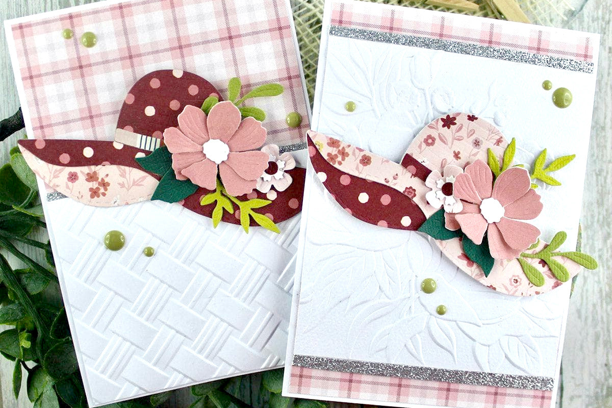 Two charming cards with the Lovely Floral Hat Die Set as a focal point, embellished with Mossy Granite Enamel Dots