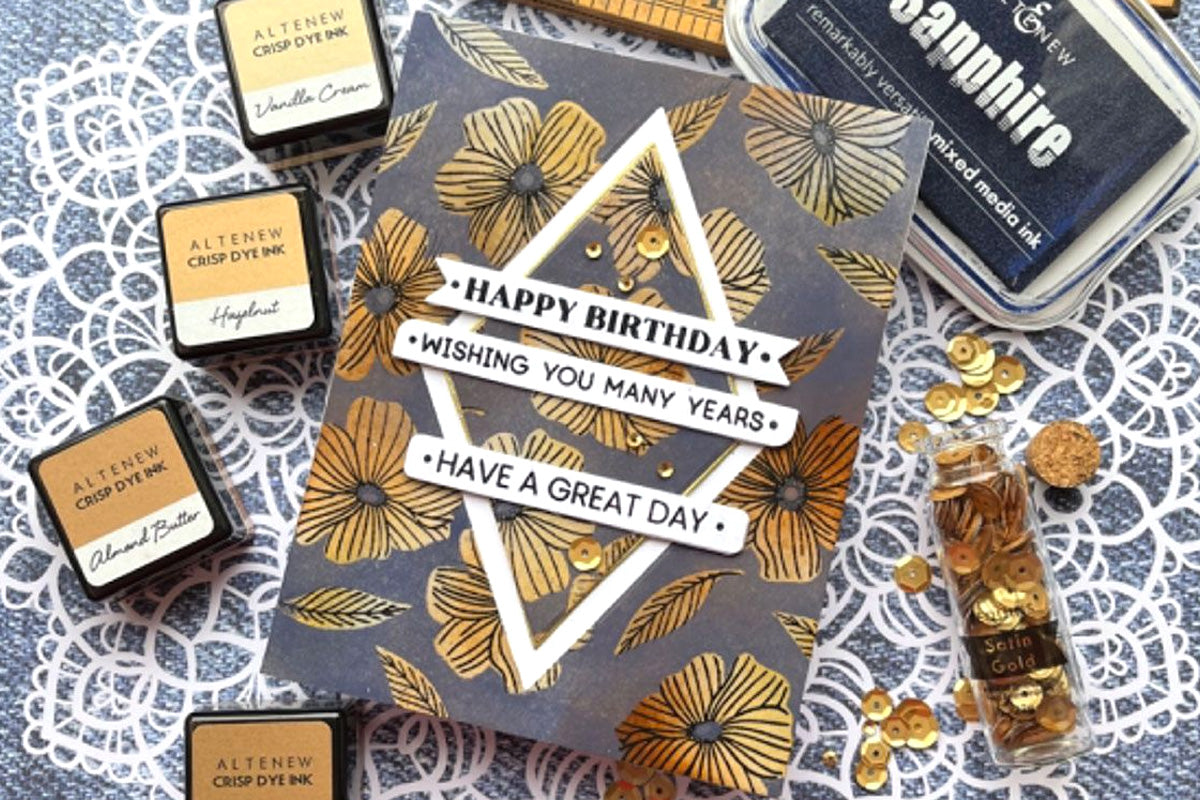 A dark and gold DIY birthday card featuring Altenew's One-Go Birthday Sentiments