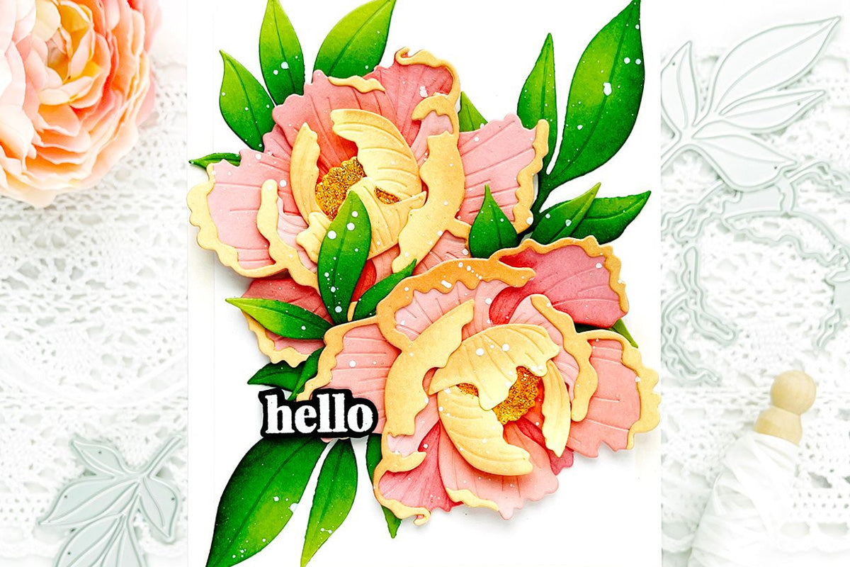 Handmade "hello" card with 3D paper flowers featuring Altenew's Craft-A-Flower layering dies