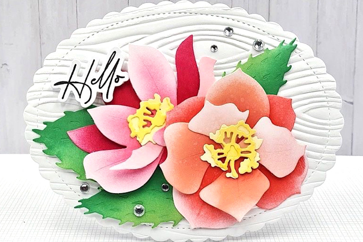 Shaped greeting card featuring 3D paper flowers made with Altenew's key-hole crafting tools