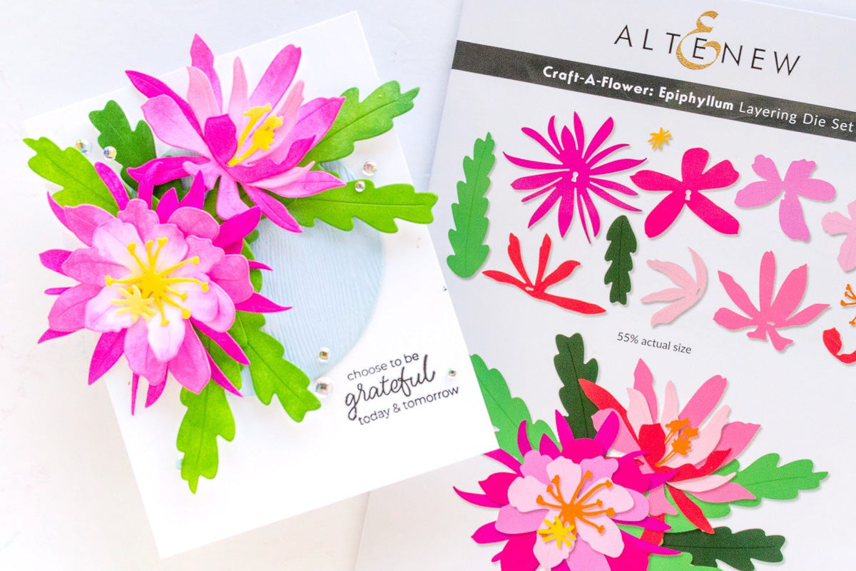 Beautiful handmade card featuring pink epiphyllum flowers, created with Altenew's Craft-A-Flower layering dies