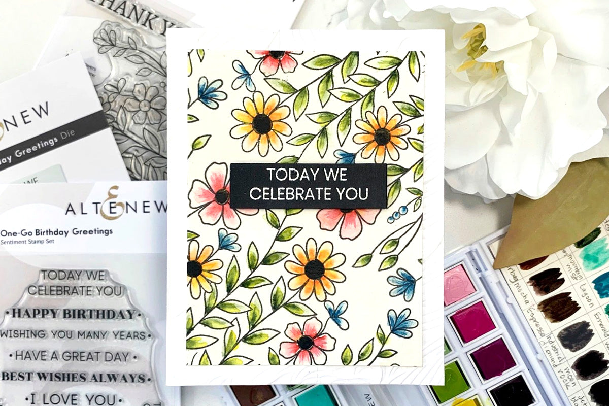 Floral watercolor card featuring Altenew's One-Go paper crafting tools