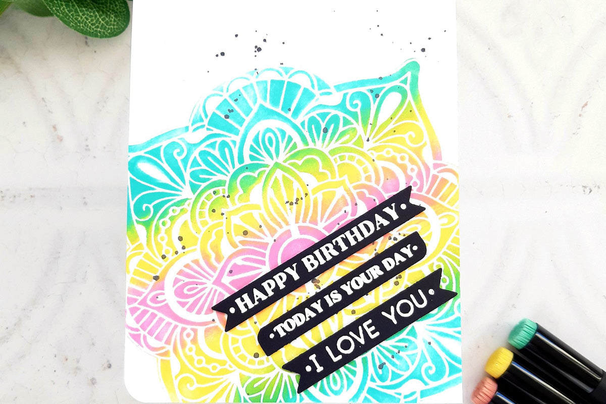 Colorful birthday card made with Altenew paper crafting supplies and One-Go crafting system