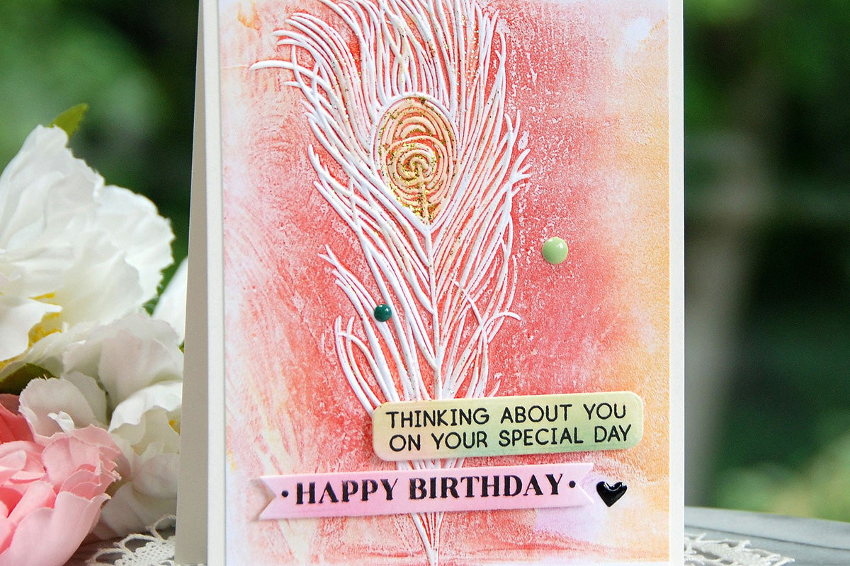 Beautiful birthday card idea with a white embossed feather and sentiment strips created with Altenew One-Go Birthday Greetings