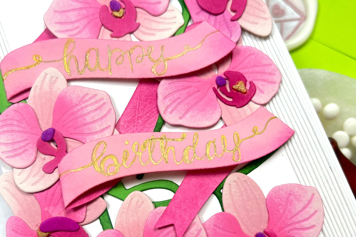 pink birthday card with 3D flowers, featuring Altenew's Craft-A-Flower layered die set