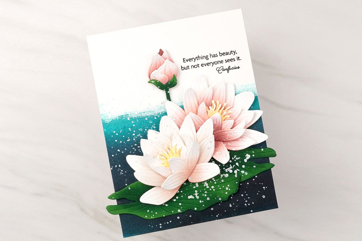 3D realistic water lilies on a handmade card made with Altenew key-hole crafting system