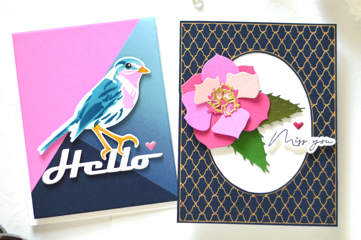 2 handmade greeting cards made with 3D layered dies featuring Altenew's key-hole paper crafting system