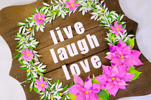 DIY wooden wall decor with a 3D paper flower wreath and motivational words
