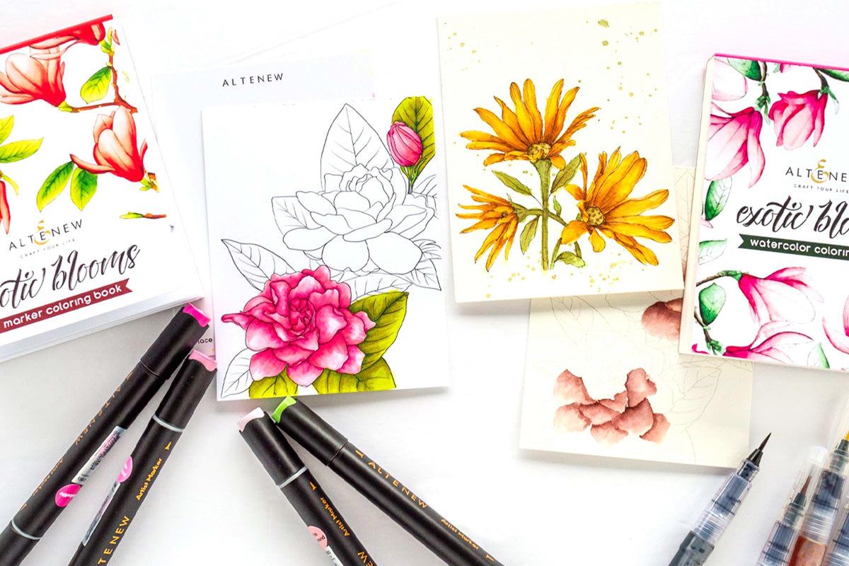 Altenew Woodless Coloring Pencils & Exotic Blooms Marker Coloring Book Bundle