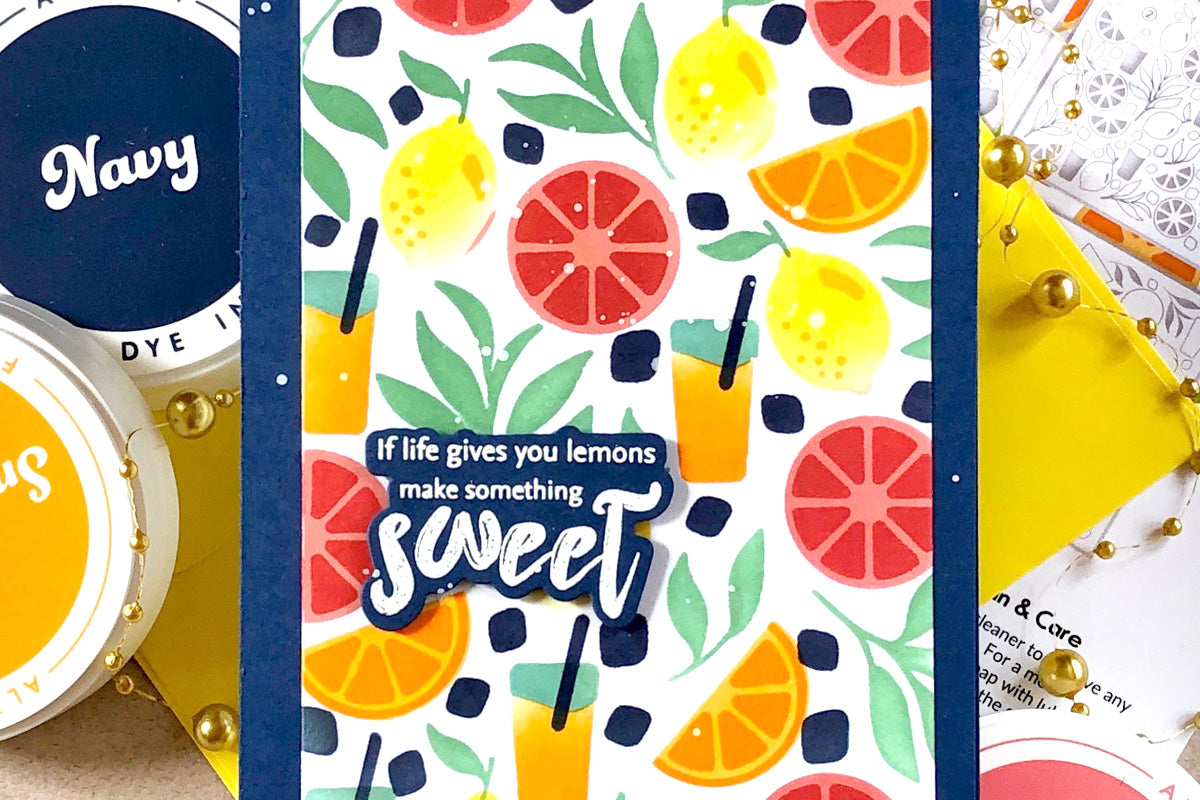 A colorful fruit card made with the vibrant colors of fresh dye inks