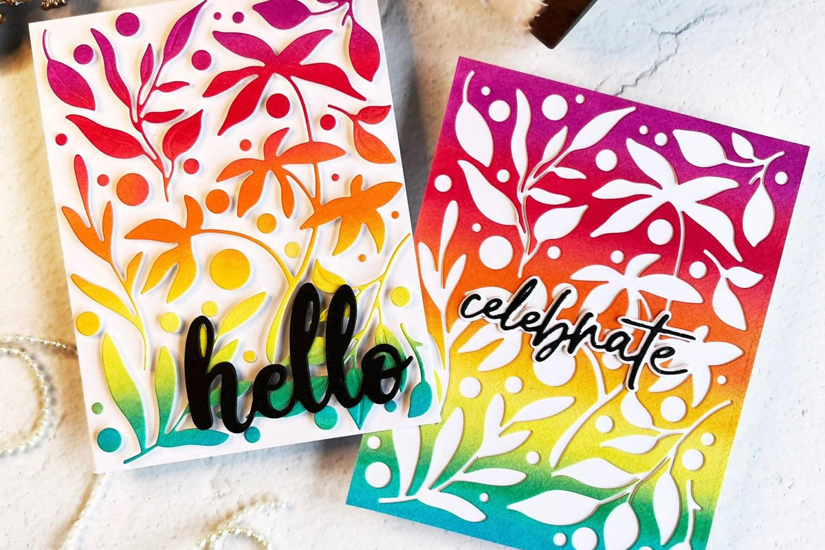 Two colorful cards with the sentiments "hello" and "celebrate", created using the Zero-Waste die series from Altenew