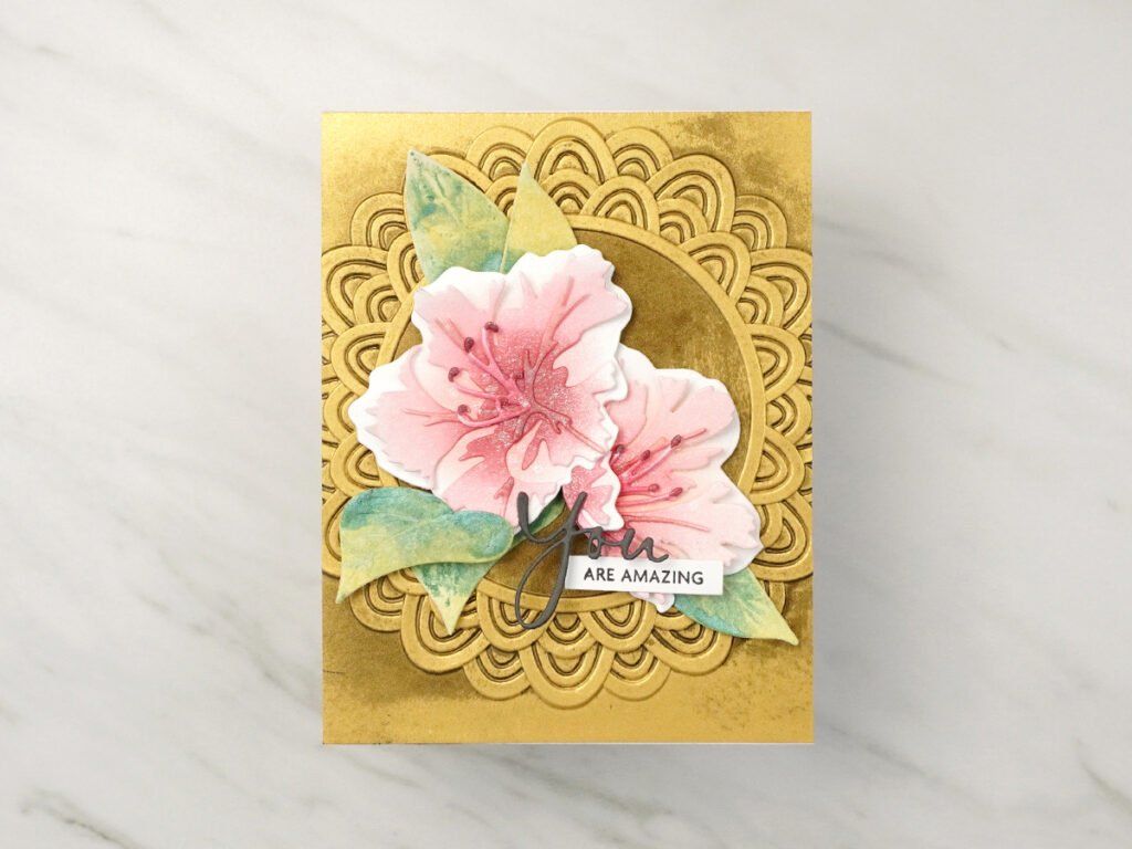 Shiny and elegant floral handmade card with gold mirror lacy background