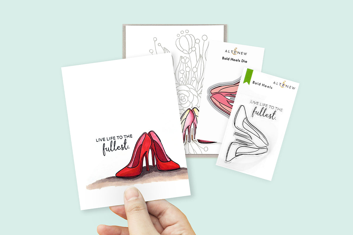 Clean and simple DIY greeting card with a stamped image of red stiletto heels