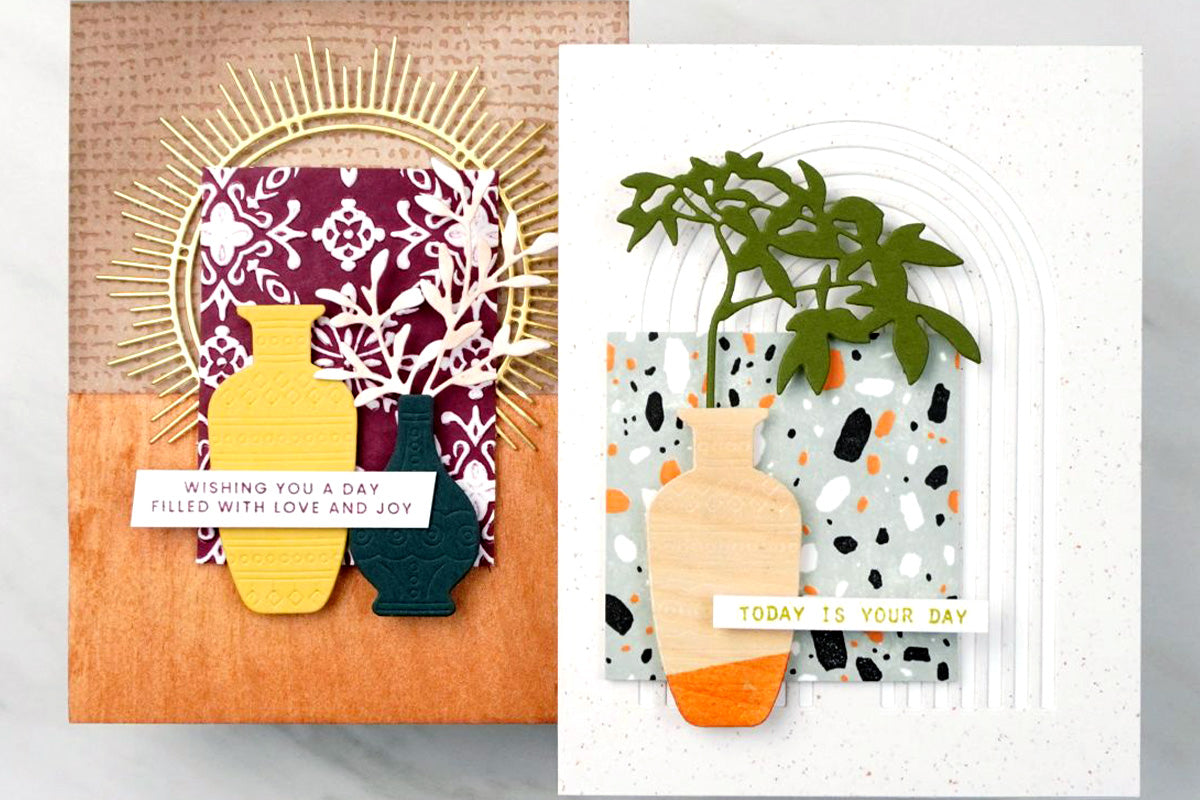 2 handmade greeting cards with a modern boho design, made with various crafting techniques like stamping, die cutting and embossing