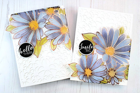 2 handmade greeting cards with textured background and floral images stamped and heat embossed on vellum