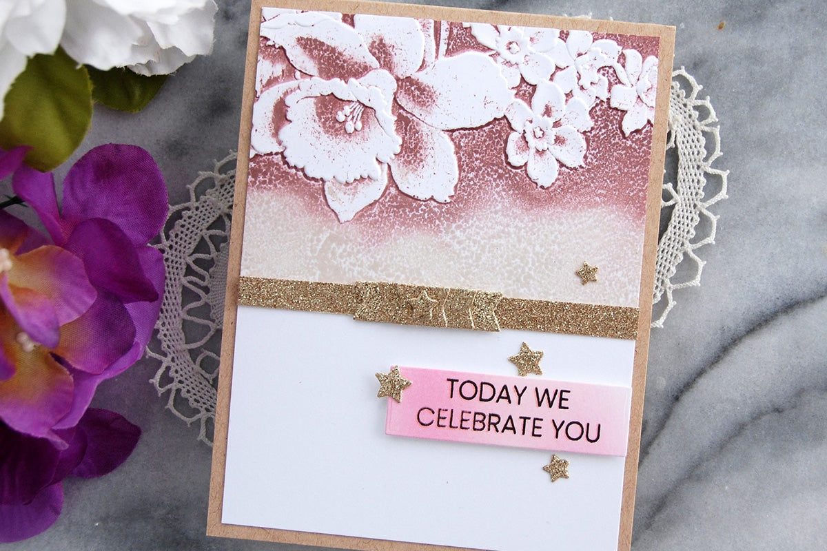 Congrats card with 3D embossed flowers and gold glitter accents