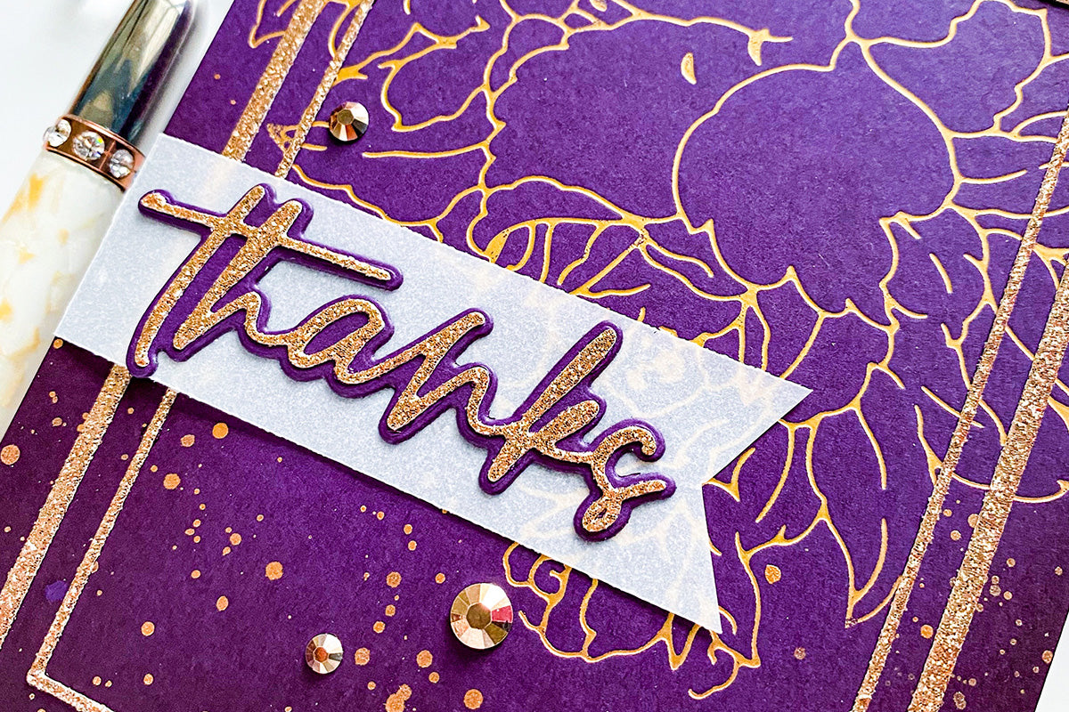 Purple and gold thank you card with gold foiled and gold glitter elements