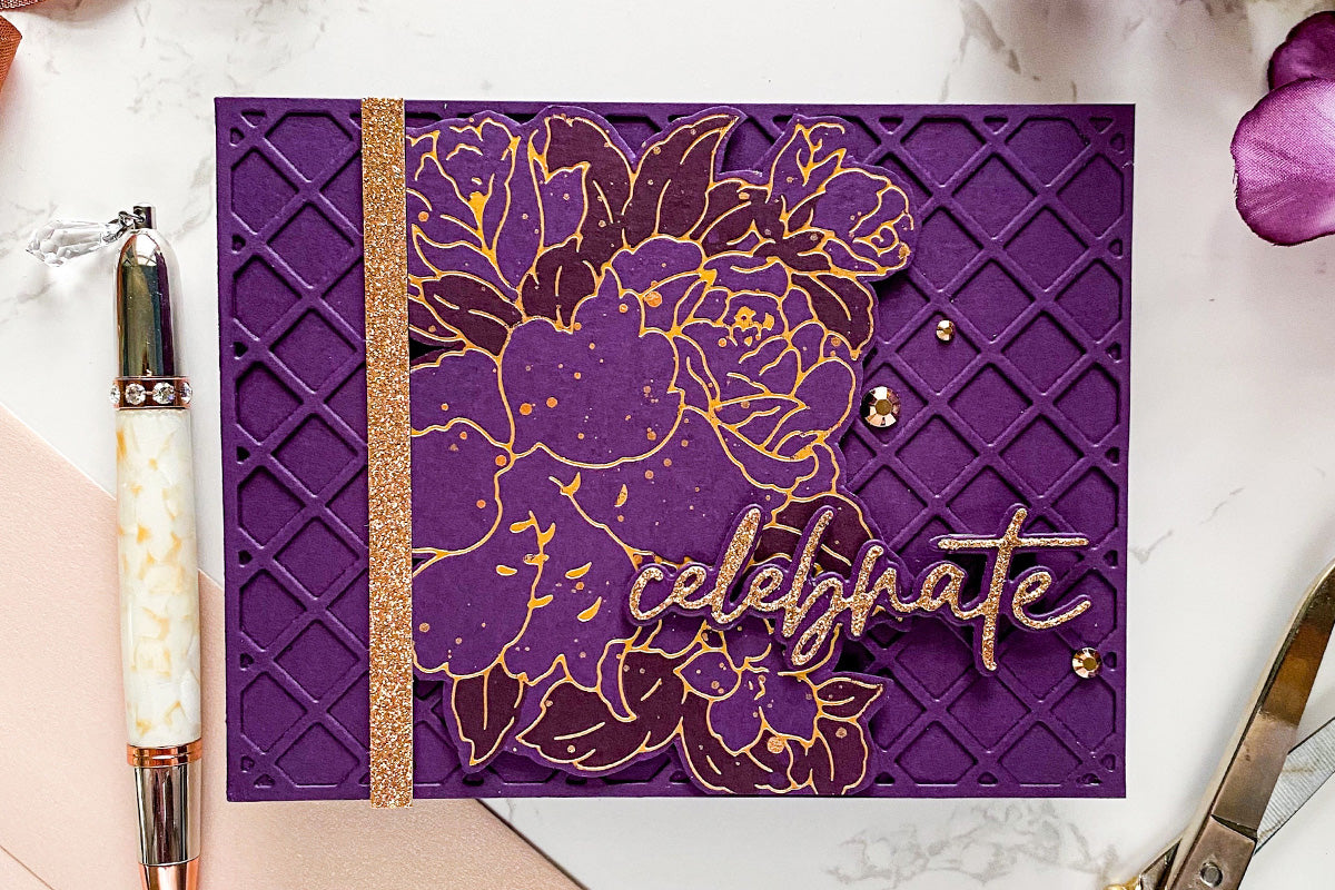 Monochrome congratulations card idea with 3D embossed background and gold foiled designs